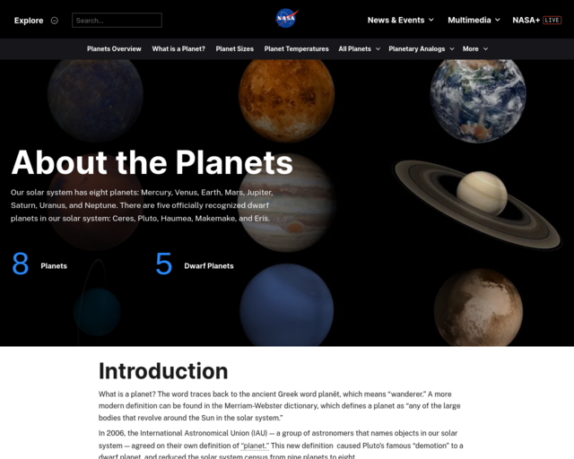 Screenshot of the NASA: Solar System Exploration website