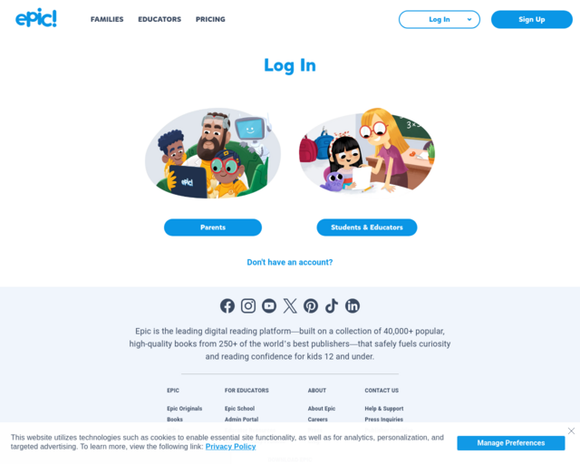 Screenshot of the Epic! website
