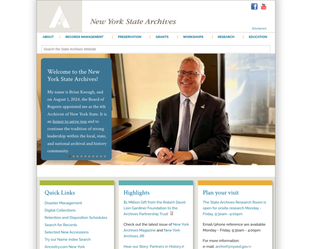 Screenshot of the NYS Archives website