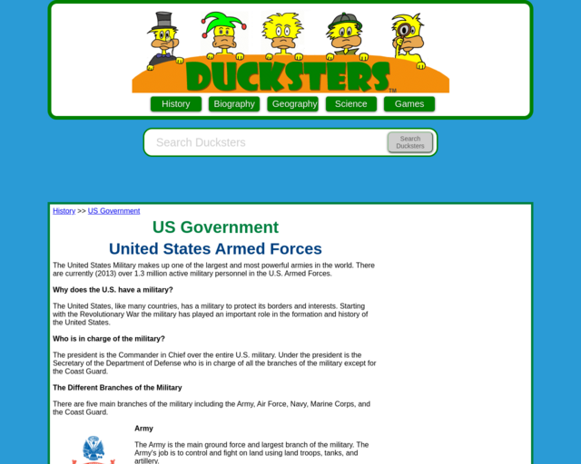 Screenshot of the Ducksters Military website