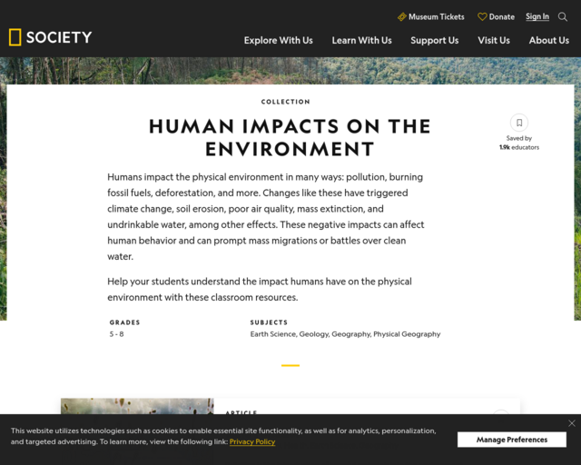 Screenshot of the National Geographic: Human Impacts on the Environment website