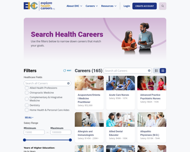 Screenshot of the Careers in Health website