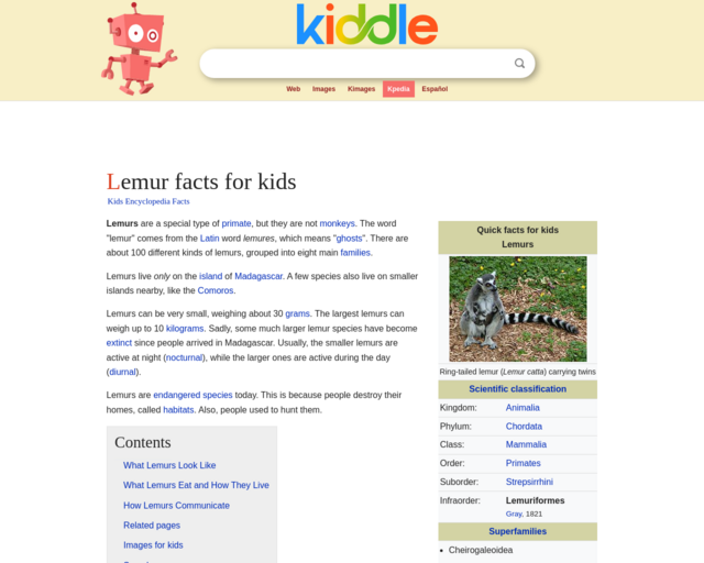 Screenshot of the Kiddle Lemur website