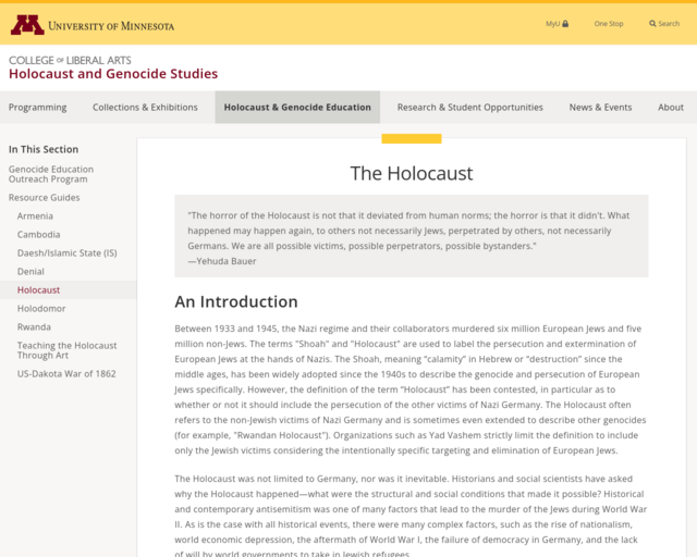 Screenshot of the University of Minnesota Holocaust Info website