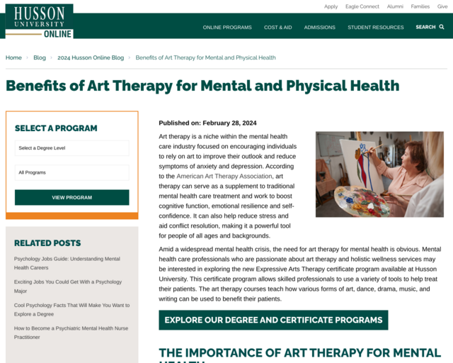 Screenshot of the Benefits of Art Therapy on Mental Health website