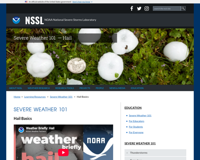 Screenshot of the Severe Weather 101: Hail Basics website
