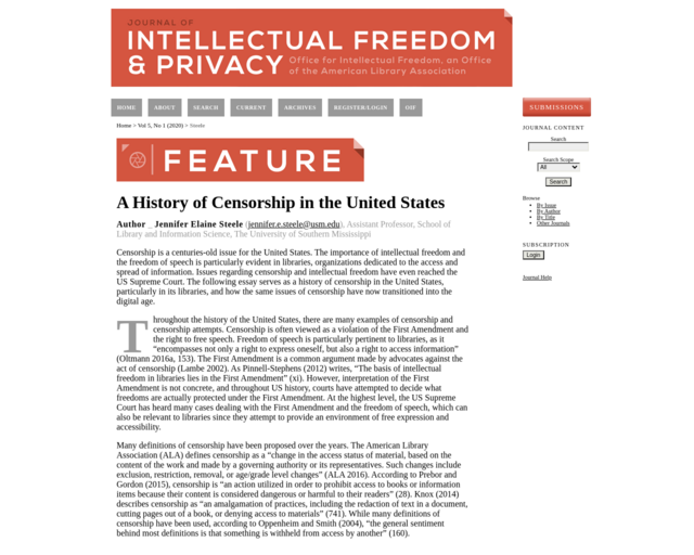 Screenshot of the A History of Censorship in the US website