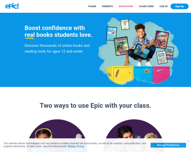 Screenshot of the Epic! Educators website