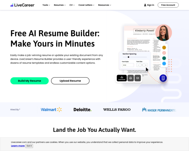 Screenshot of the Live Career website