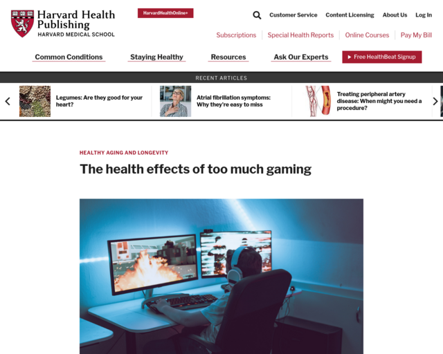 Screenshot of the Health Effects of Video Games website