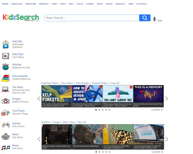 Screenshot of the Kidz Search website