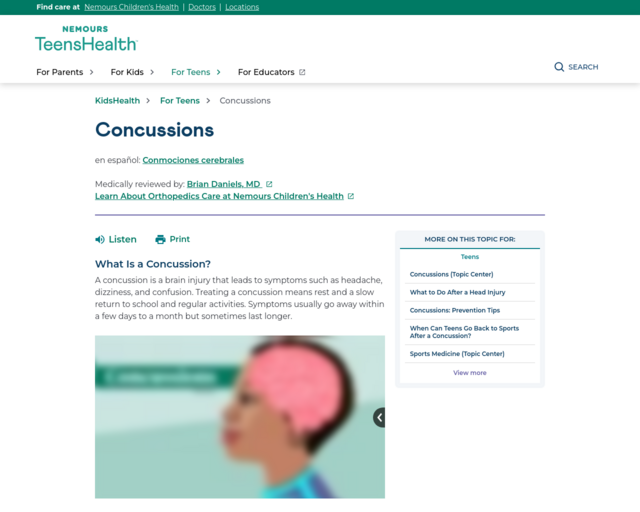 Screenshot of the Kids Health website