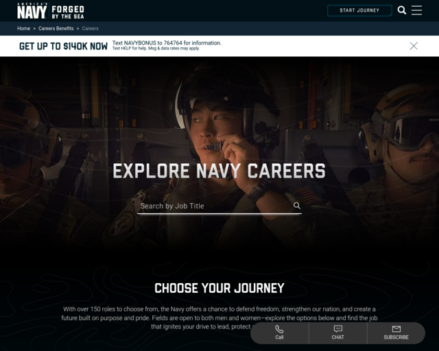 Screenshot of the Careers in the Navy website