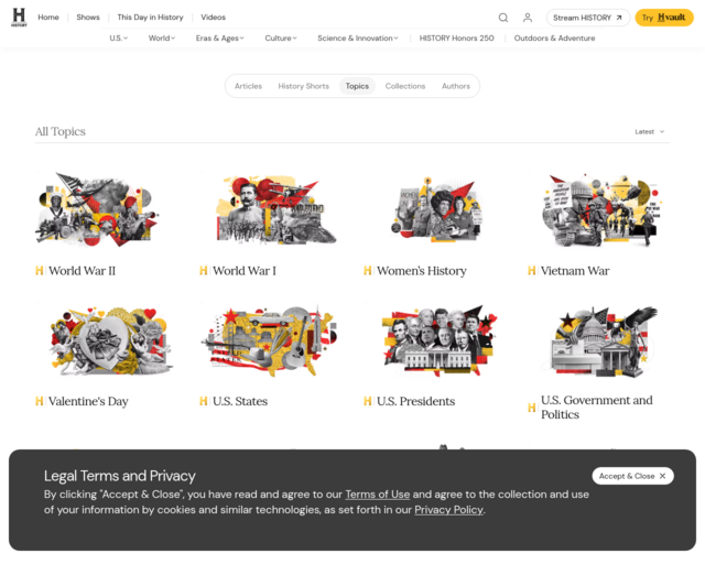 Screenshot of the History.com website