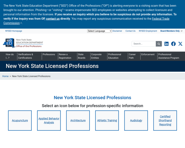 Screenshot of the NYS Licensed Professions website