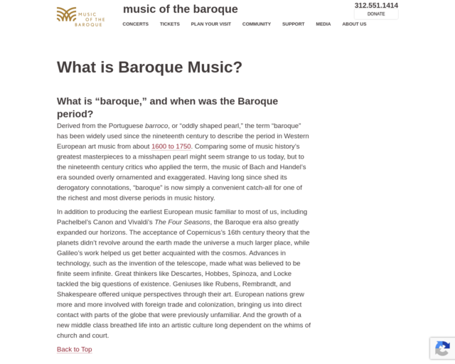 Screenshot of the Baroque History website