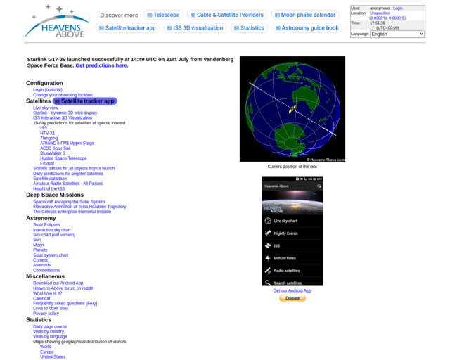 Screenshot of the Heavens Above website