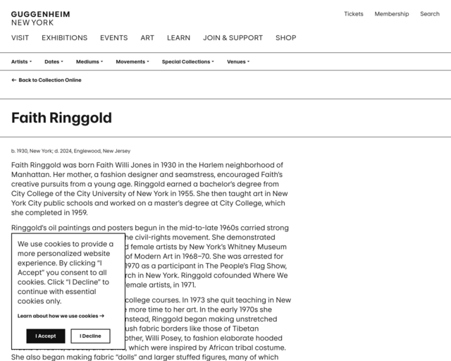 Screenshot of the Faith Ringgold at the Guggenheim website