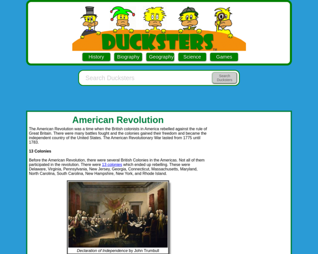 Screenshot of the Ducksters American Revolution website