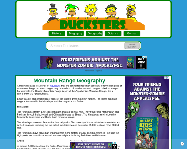 Screenshot of the Ducksters: Mountain Ranges website