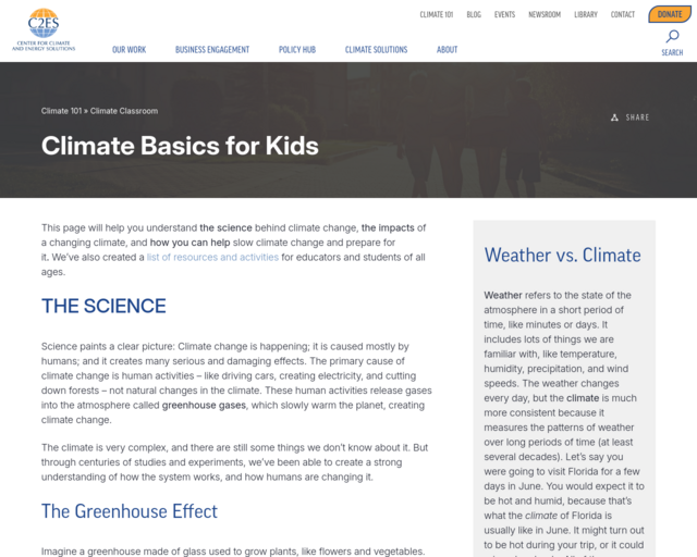 Screenshot of the Climate Basics for Kids website