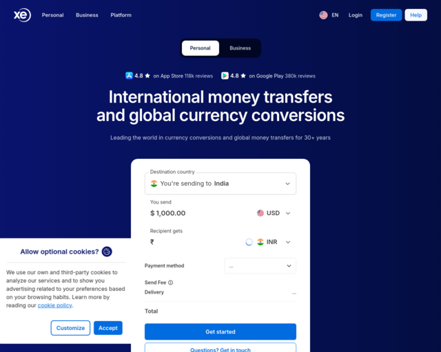 Screenshot of the Xe.com website