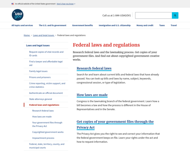 Screenshot of the USA.gov - Commonly Requested U.S. Laws and Regulations website