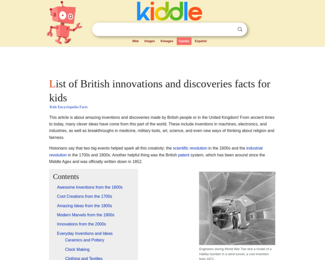 Screenshot of the England/Britain Inventions website