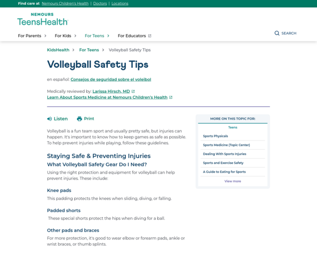Screenshot of the Volleyball Teen Health website