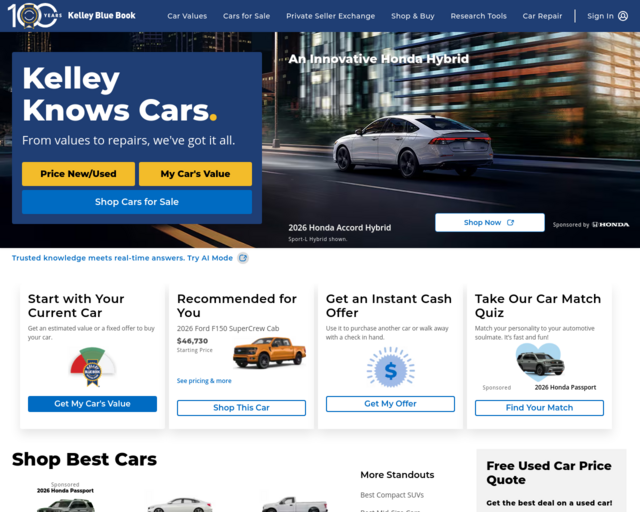 Screenshot of the Kelly Blue Book website