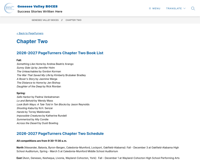 Screenshot of the PageTurners: Middle School website