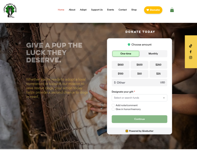 Screenshot of the Lucky Puppy Rescue website