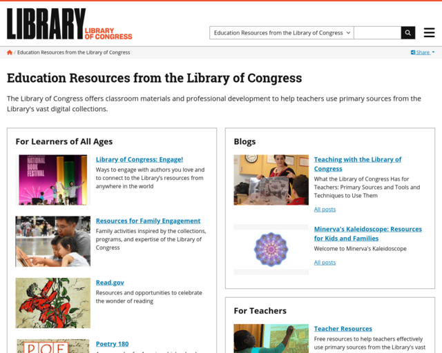 Screenshot of the Library of Congress Education Resources website