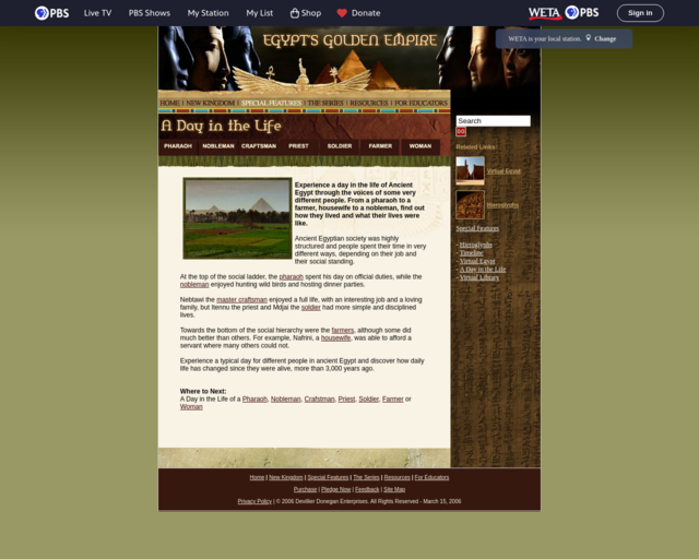 Screenshot of the Day in the Life - Egypt's Golden Empire website