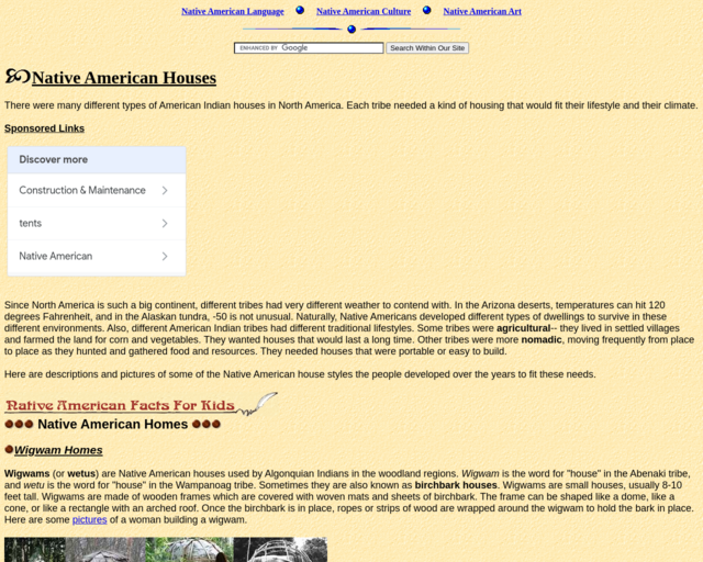 Screenshot of the Descriptions and Photos for Native American Dwellings website