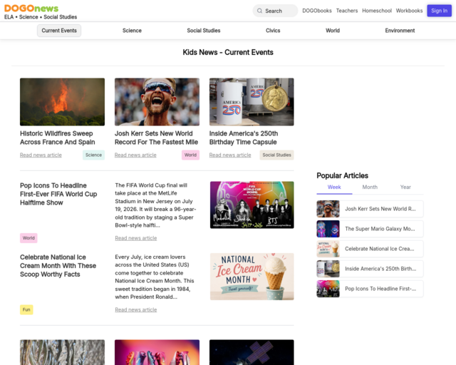 Screenshot of the DogoNews website