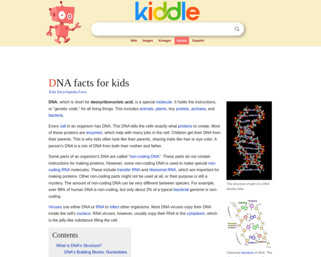 Screenshot of the DNA- Kiddle website
