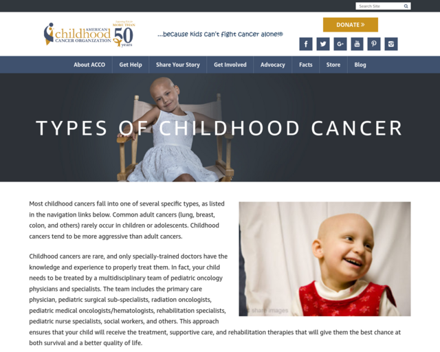 Screenshot of the Types of Childhood Cancer website