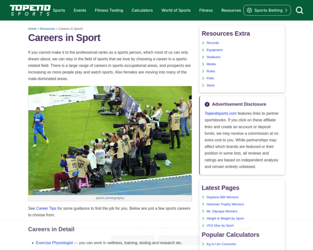 Screenshot of the Careers in Sports website