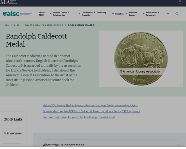 Screenshot of the Caldecott Medal website