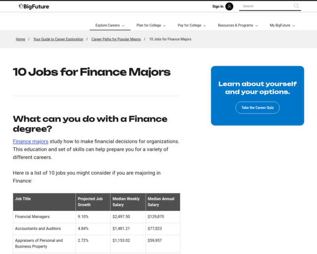 Screenshot of the Careers in Finance website
