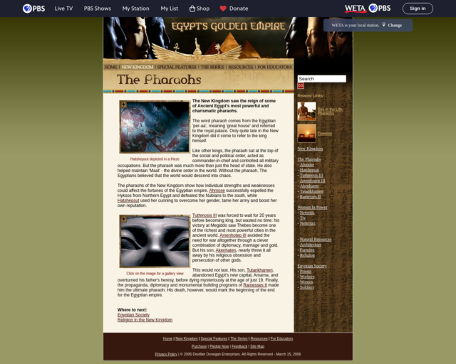 Screenshot of the The Pharaohs - PBS website
