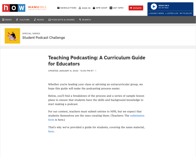 Screenshot of the Teaching Podcasting - For Teachers website