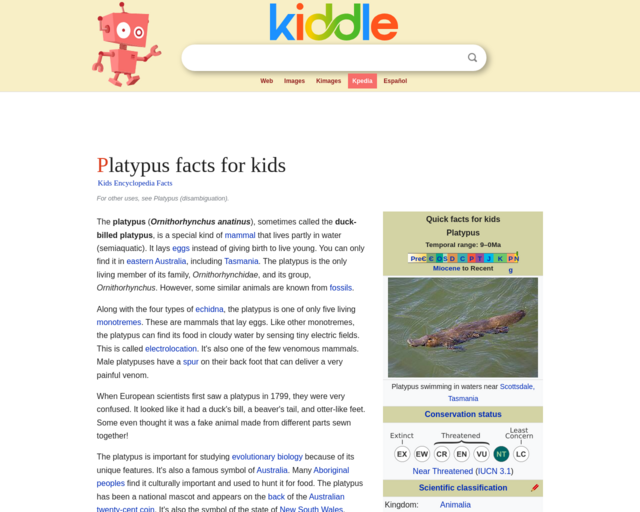 Screenshot of the Kiddle Platypus website