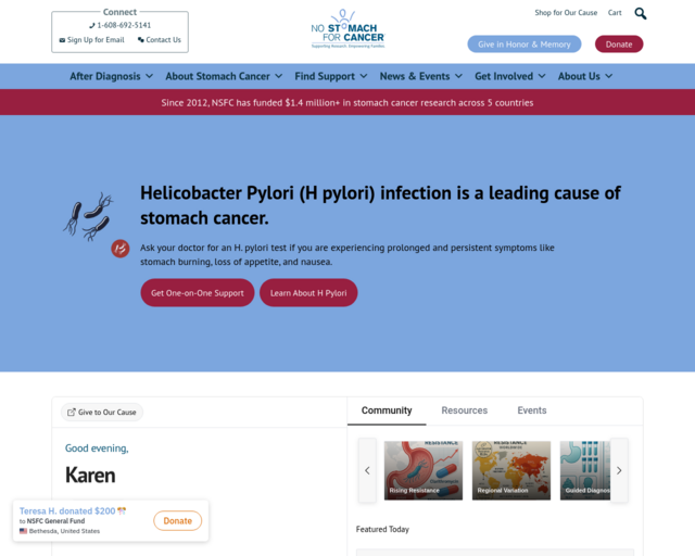 Screenshot of the No Stomach for Cancer website