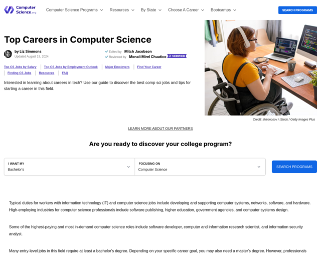 Screenshot of the Careers in Computer Science website