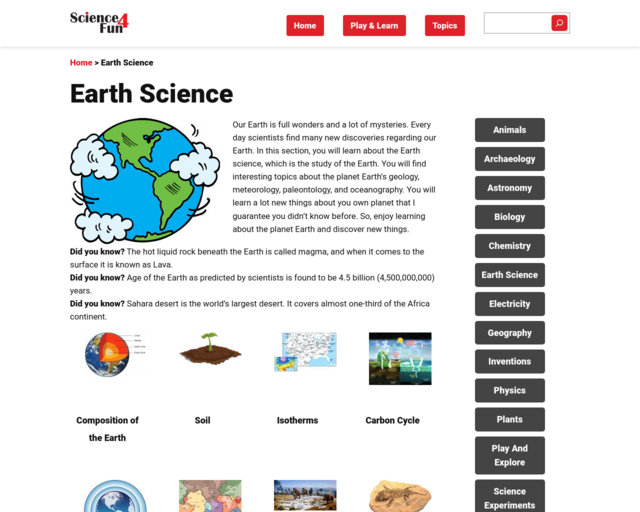 Screenshot of the Earth Science Resources website