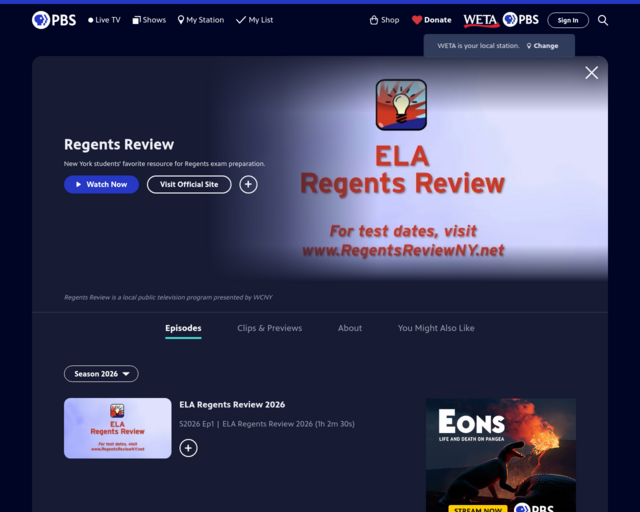 Screenshot of the Watch Full Episodes Online of Regents Review on PBS website