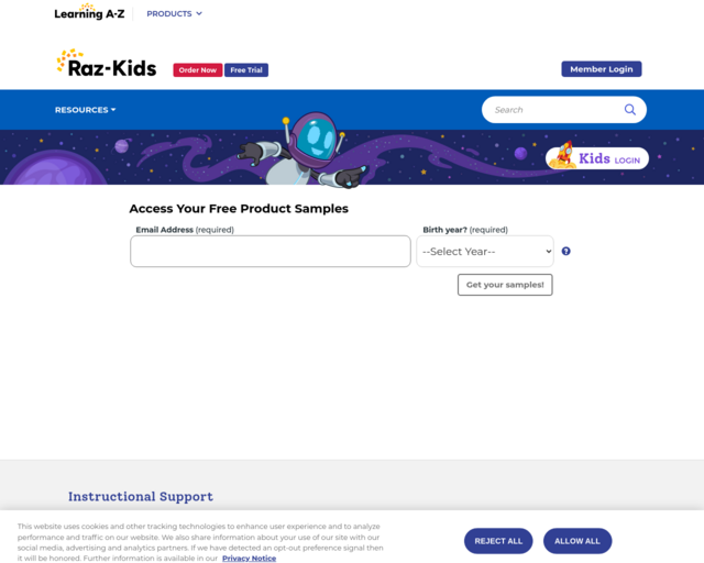 Screenshot of the Raz-Kids website