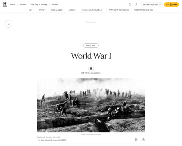 Screenshot of the History.com - World War I website